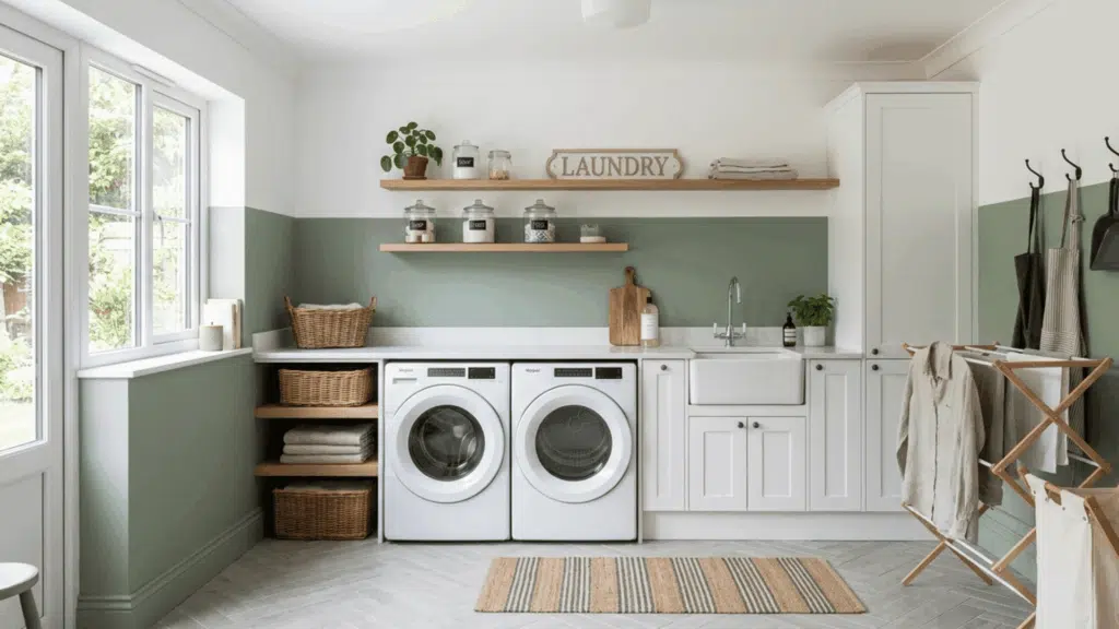 laundry room with two-tone walls in white and sage green with simple decor.