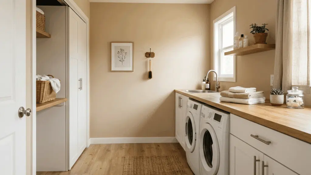 laundry room with warm beige walls, wood counter, and simple decor.