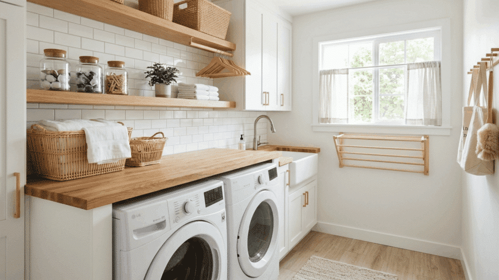 laundry room with white cabinets, wood shelves, and organized baskets.