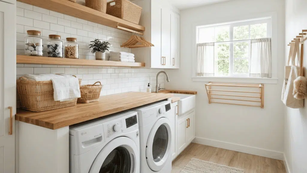 laundry room with white cabinets, wood shelves, and organized baskets.