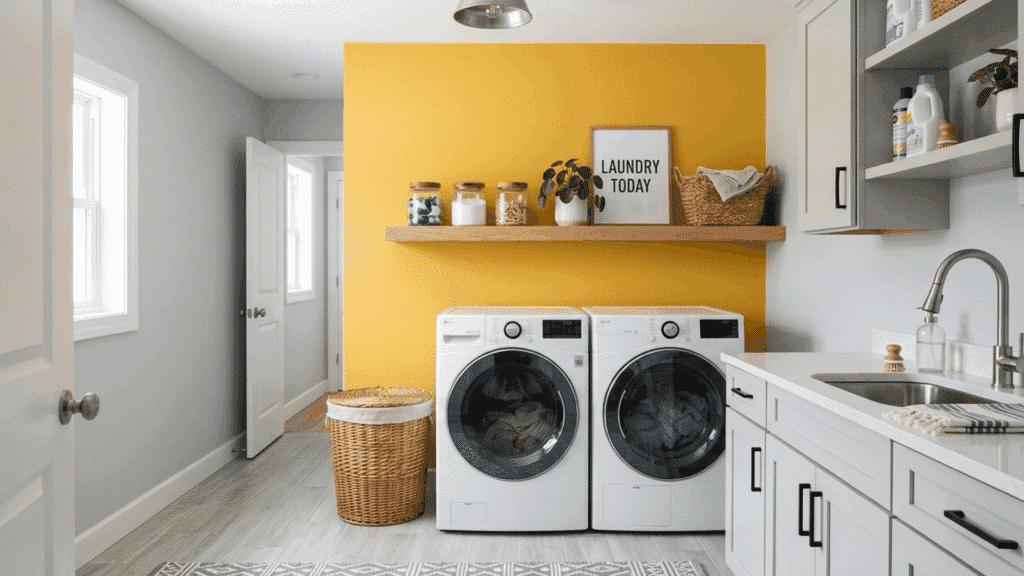 laundry room with yellow accent wall, white cabinets, and front-load washer dryer.