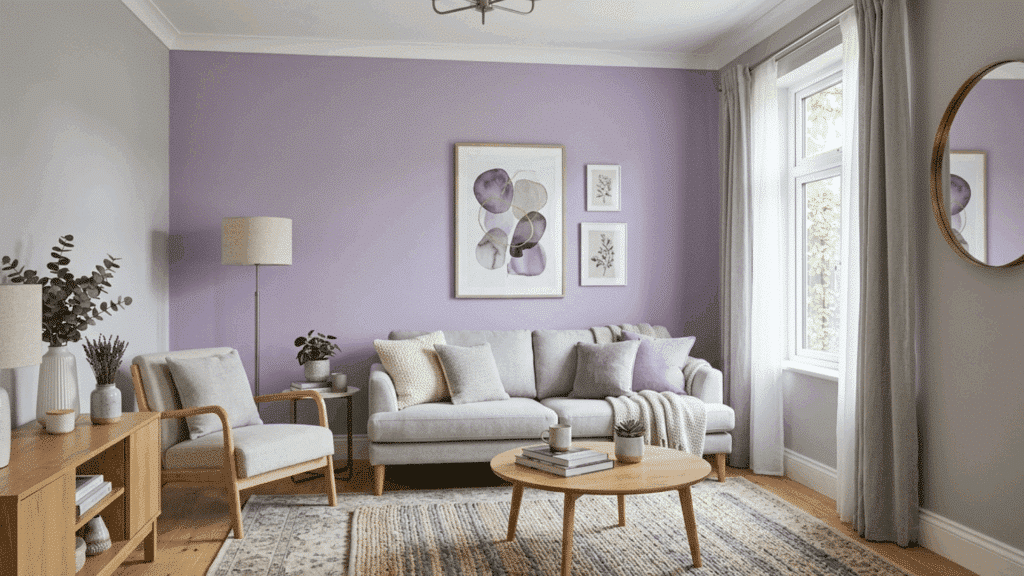 lavender accent wall living room with light furniture and soft neutral decor.