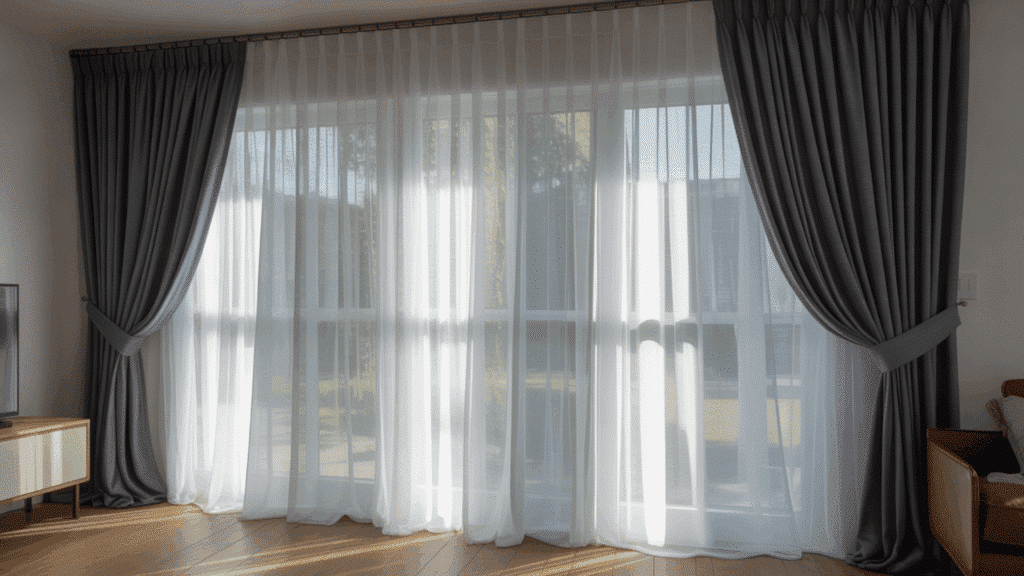 layered curtains combining sheer and heavy fabrics for full light control in a bedroom.