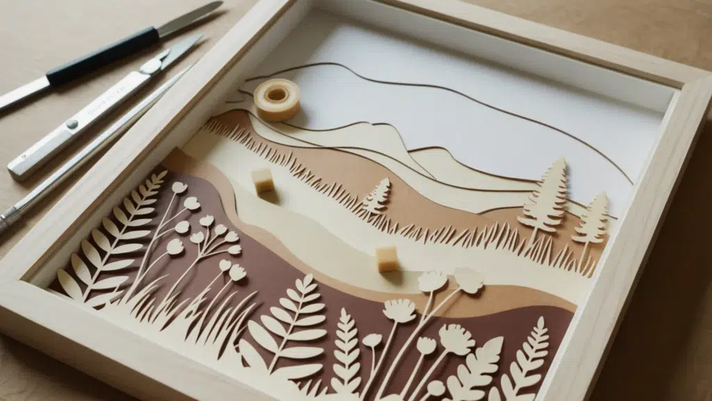 layered paper shadow box art in progress featuring a nature scene with cut-out trees, plants, and rolling hills, arranged inside png