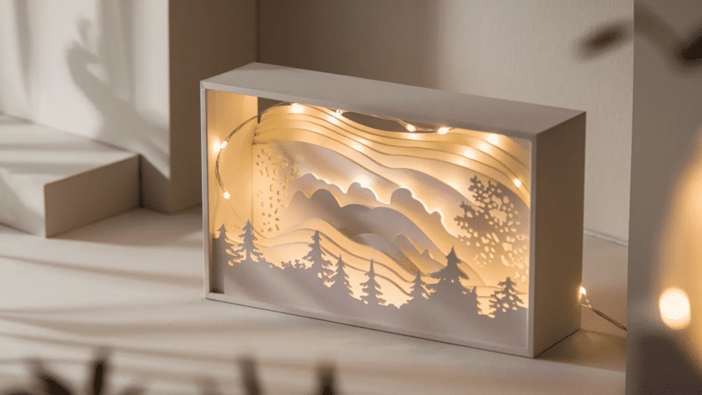 layered paper shadow box frame with a glowing mountain and forest scene inside, illuminated by warm fairy lights, creating a soft, dimensional light and shadow effect