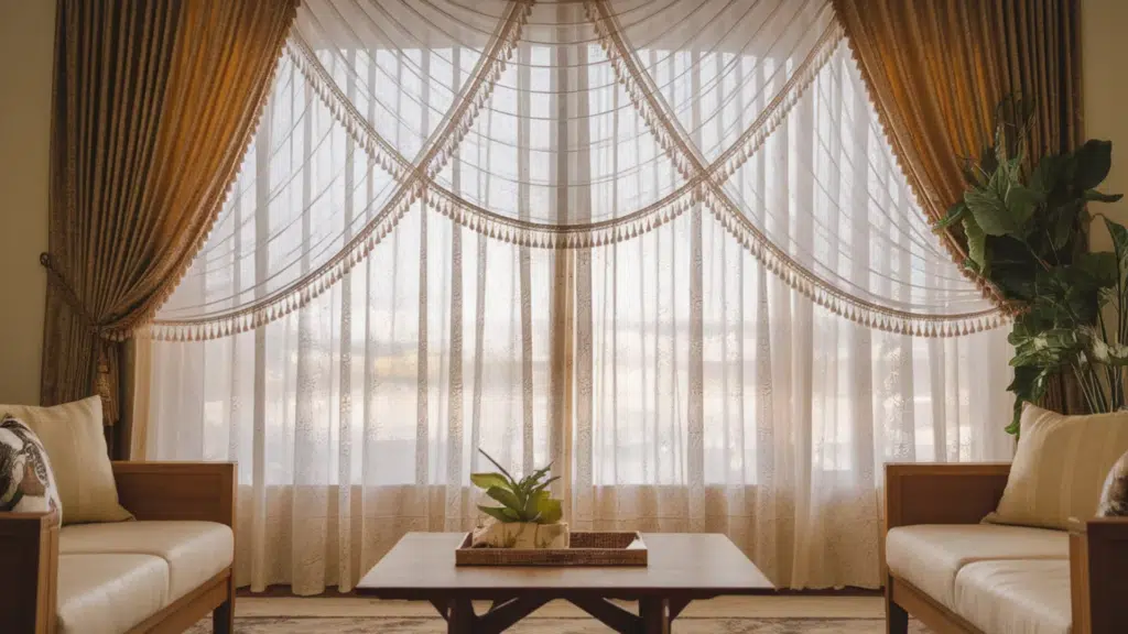 layered sheer dream curtains with soft white sheers andapes, creating depth and adjustable light in a stylish bedroom