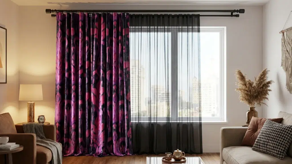 _layered window curtains featuring sheer black panels paired with bold purple patterned drapes on a black curtain rod