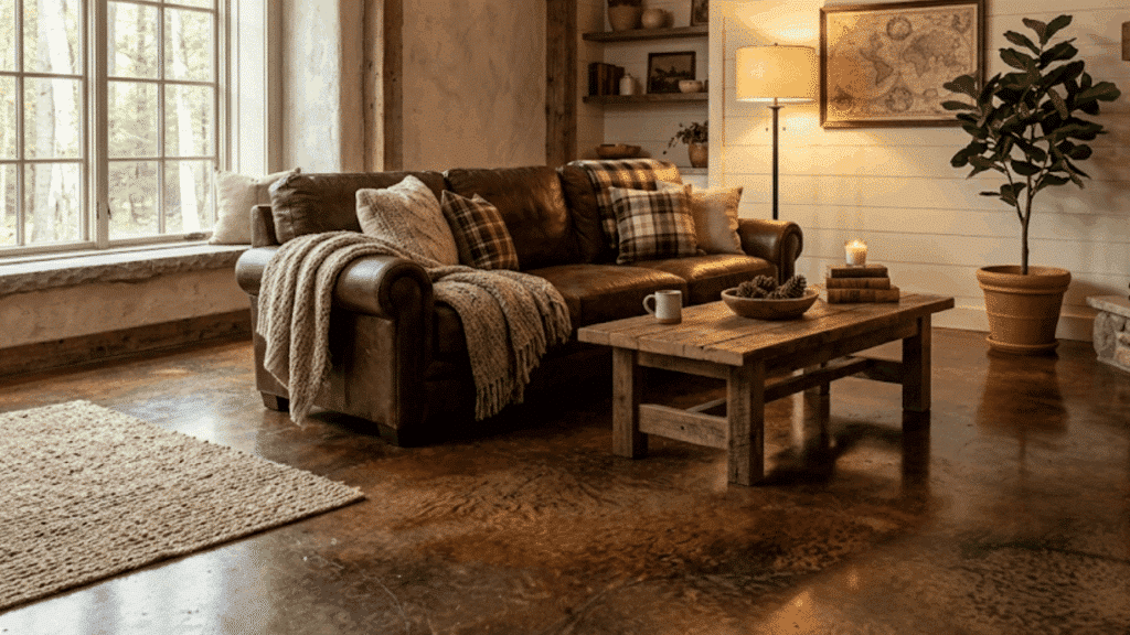 leather-toned farmhouse stained concrete floors in rustic living room