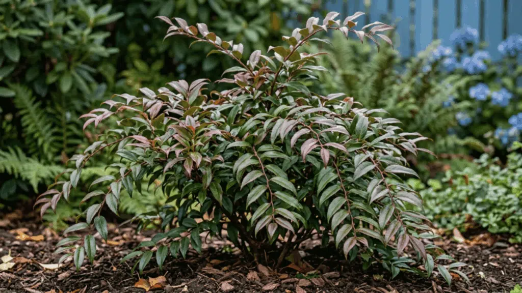 leucothoe shrub close up with arching leaves and reddish tones in diffused light plant fully visible not cut from above with clean blur