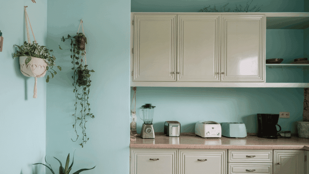 light aqua kitchen with cream cabinets, plants, and small countertop appliances.