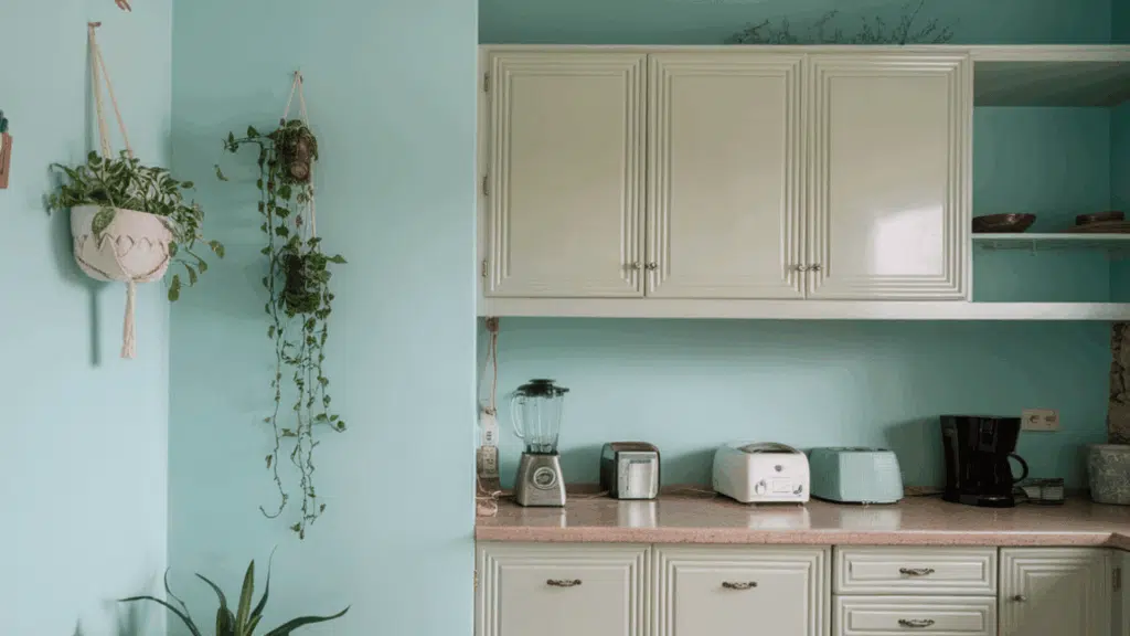 light aqua kitchen with cream cabinets, plants, and small countertop appliances.