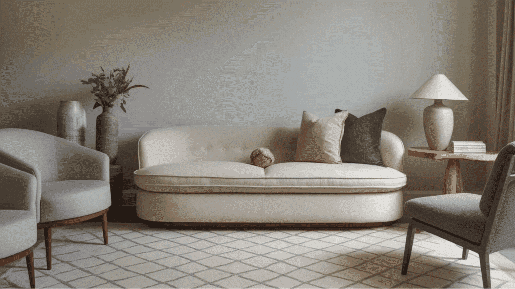 light beige basement walls with soft gray accents, neutral trim, cozy seating, and warm, minimal living room design