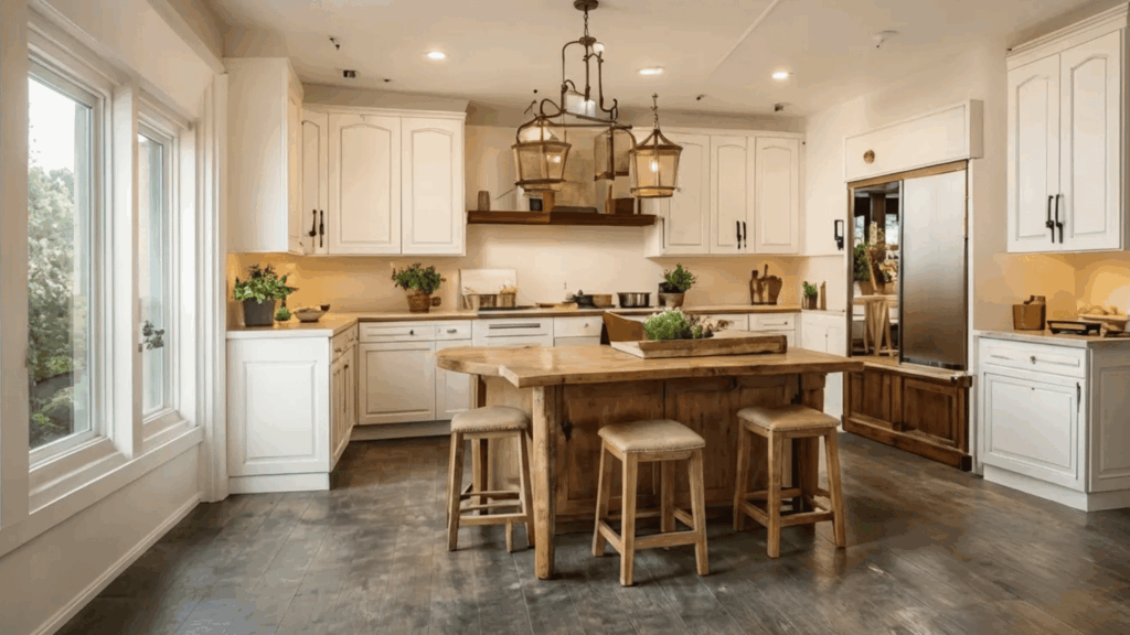 light beige farmhouse stained concrete floors in bright kitchen