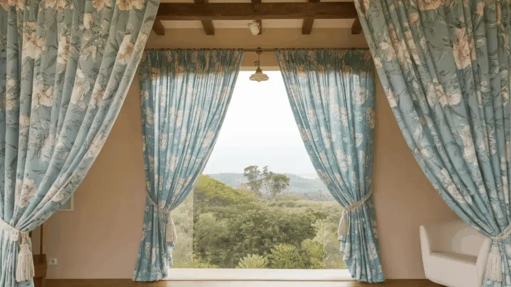 light blue floral curtains draped around a large window with a scenic view of greenery and trees outside
