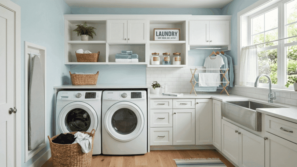 light blue laundry room with white cabinets and natural light.