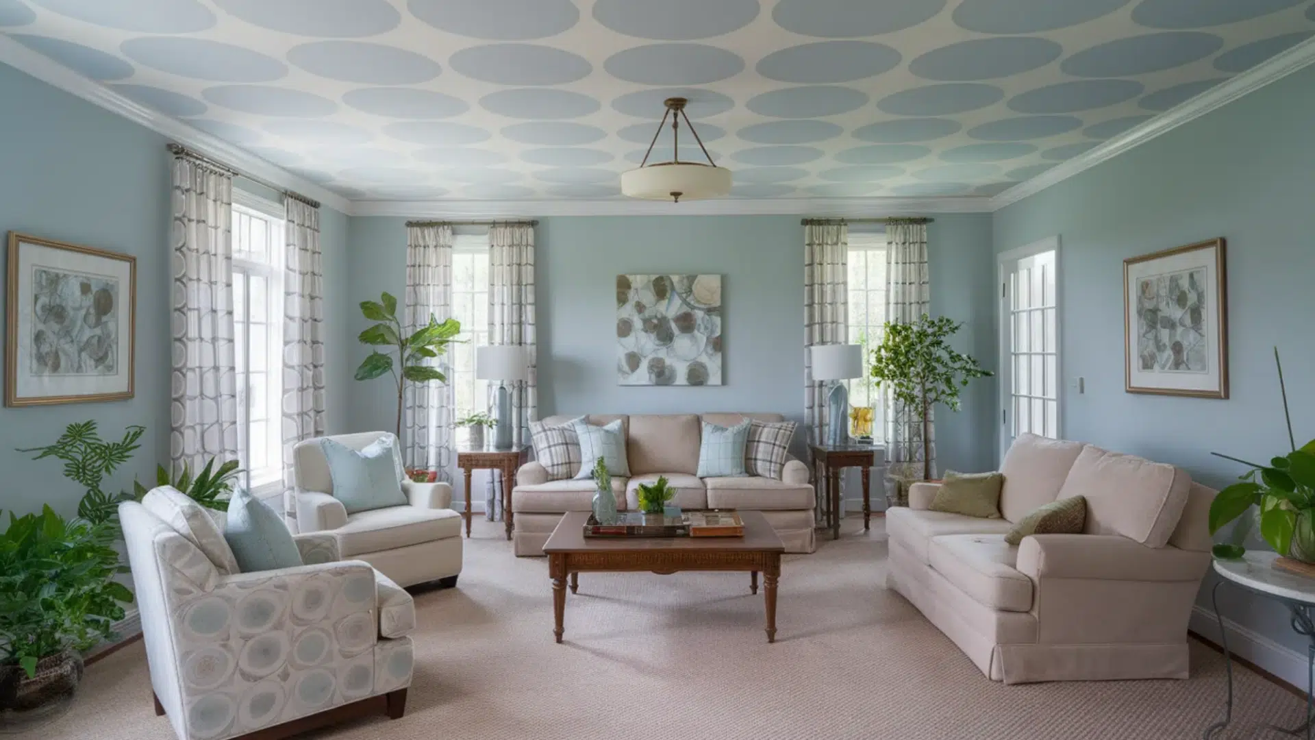 light blue living room with beige sofas and armchairs, wooden coffee table, large windows with patterned curtains, and a ceiling with pale blue polka dots