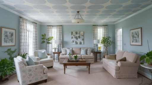 light blue living room with beige sofas and armchairs, wooden coffee table, large windows with patterned curtains, and a ceiling with pale blue polka dots