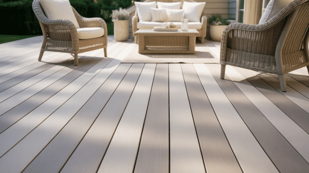 light-colored deck with comfortable wicker seating, creating a calm, serene outdoor space.