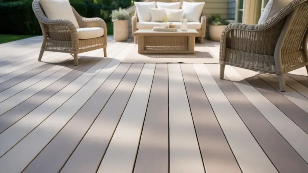 light-colored deck with comfortable wicker seating, creating a calm, serene outdoor space.
