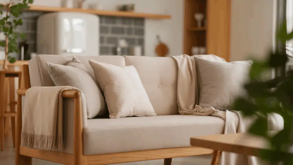 light-colored sofa with cushions and a cozy throw blanket