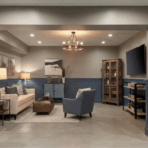 light gray basement walls with deep blue wainscoting and trim, cozy seating area, clean contrast, and warm layered lighting