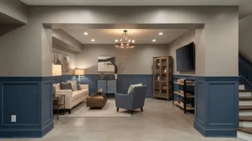 light gray basement walls with deep blue wainscoting and trim, cozy seating area, clean contrast, and warm layered lighting