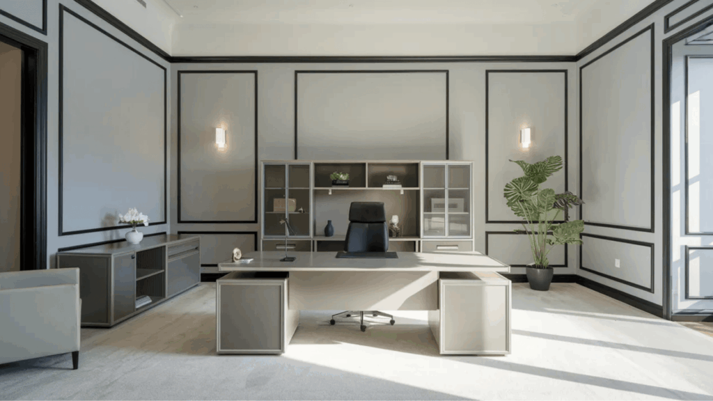 light gray walls with bold black trim in a modern office, clean layout, minimal furniture, and structured wall panel design