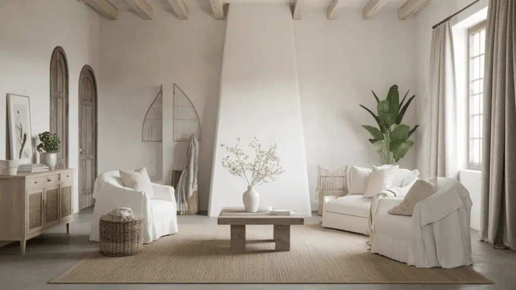 light taupe farmhouse stained concrete floors in white interior