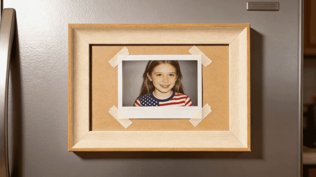 lightweight wooden frame holding 4x6 photo secured with adhesive and backing on wall