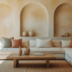 limewash painted living room with arched niches, neutral sofa, earthy tones, and soft natural light