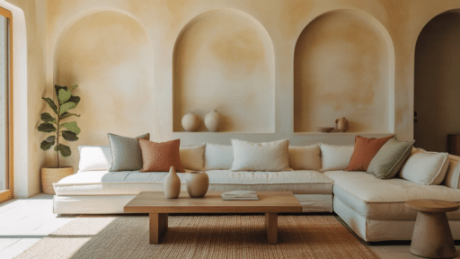 limewash painted living room with arched niches, neutral sofa, earthy tones, and soft natural light