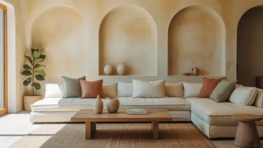 limewash painted living room with arched niches, neutral sofa, earthy tones, and soft natural light