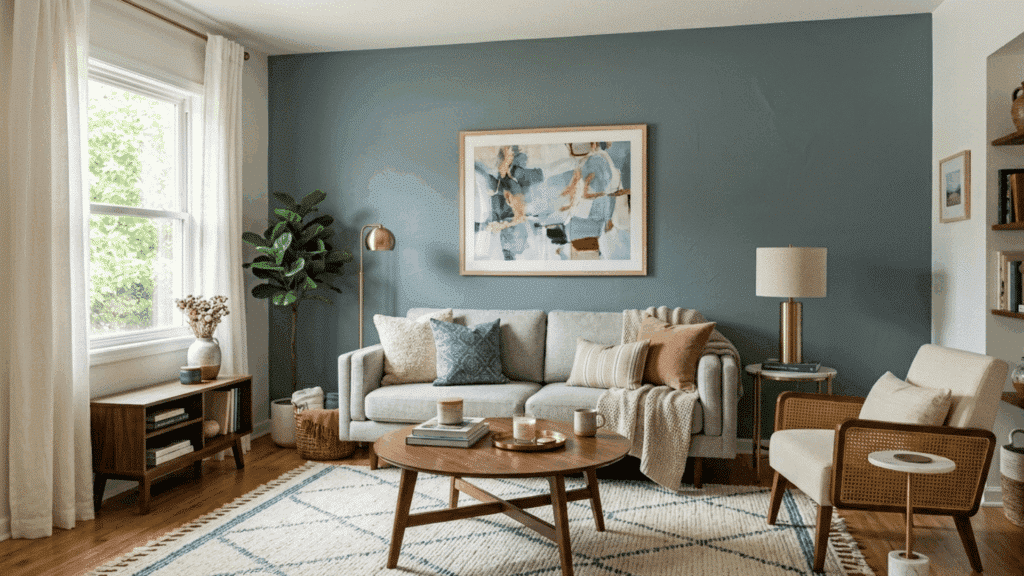 living room with Debonair wall color, light sofa, wood furniture, and neutral decor.