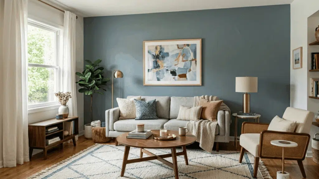 living room with Debonair wall color, light sofa, wood furniture, and neutral decor.