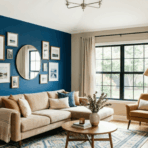 living room with accent walls, sectional sofa, wood table