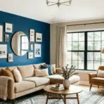 living room with accent walls, sectional sofa, wood table