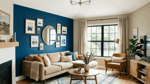 living room with accent walls, sectional sofa, wood table