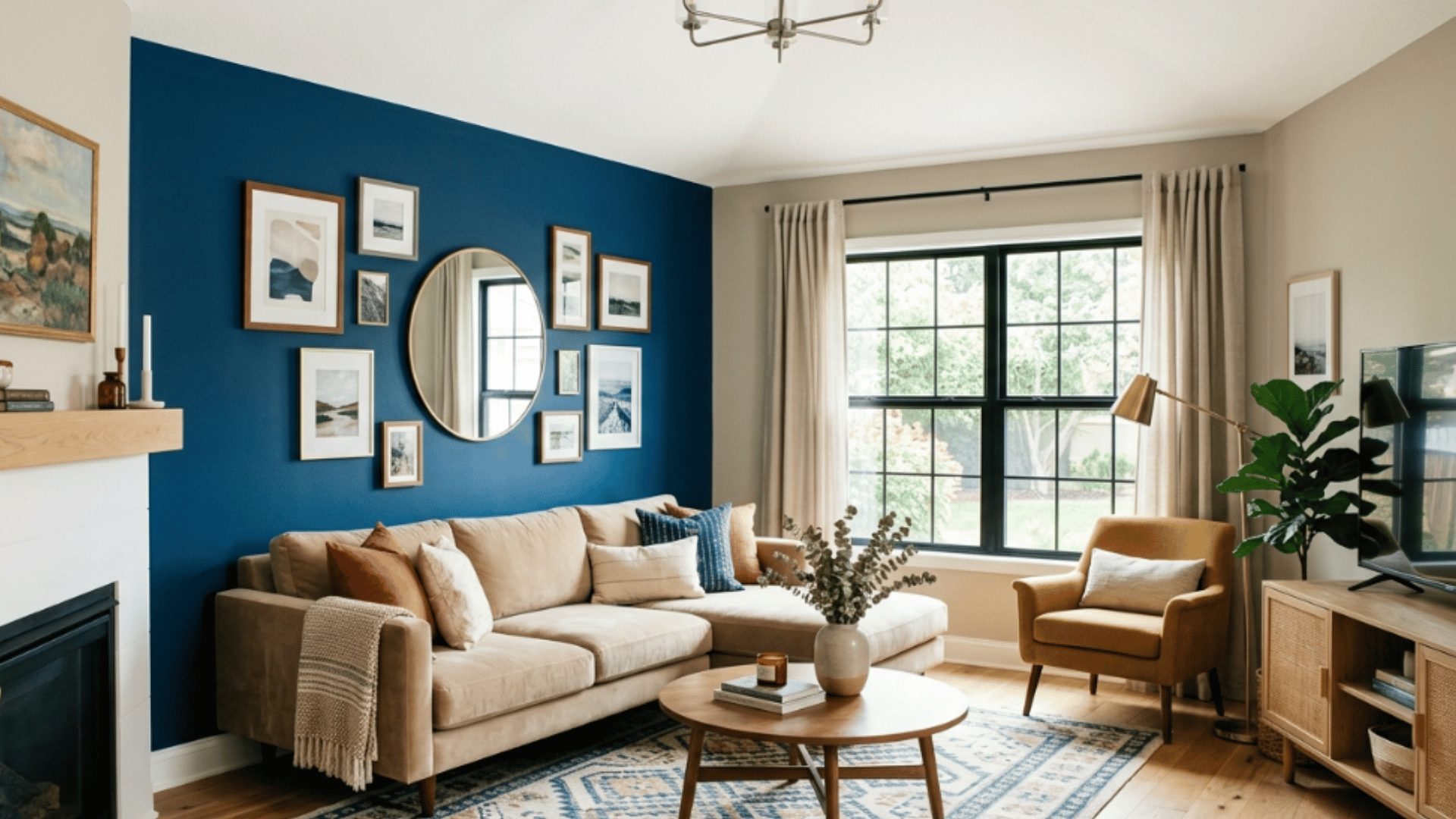 living room with accent walls, sectional sofa, wood table