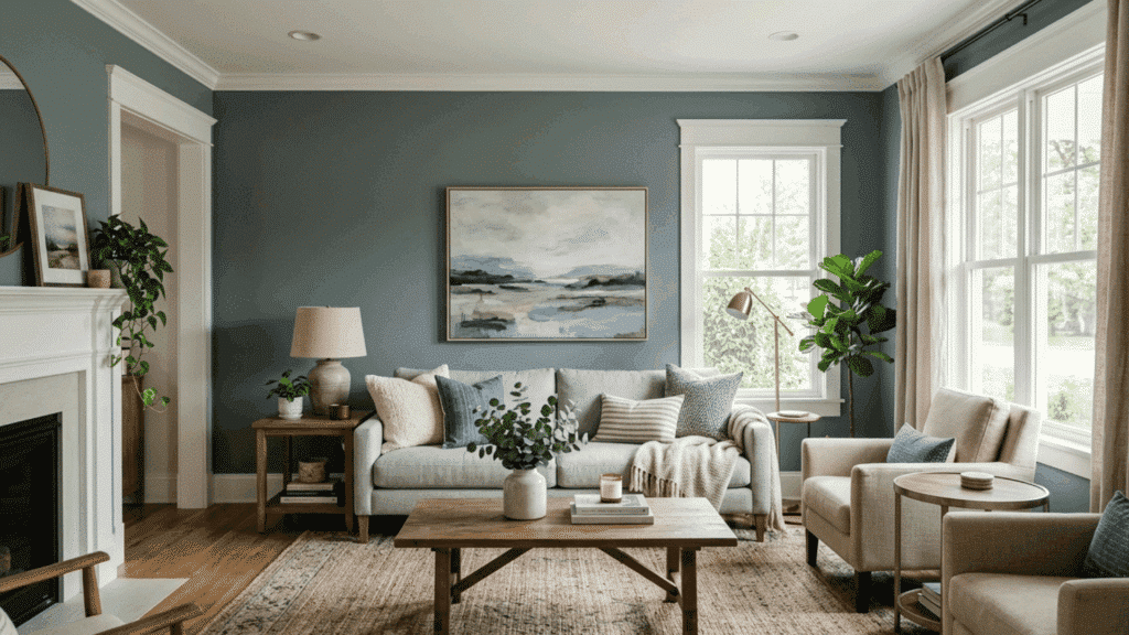 living room with blue-gray walls, beige sofa, wood table, and neutral decor.