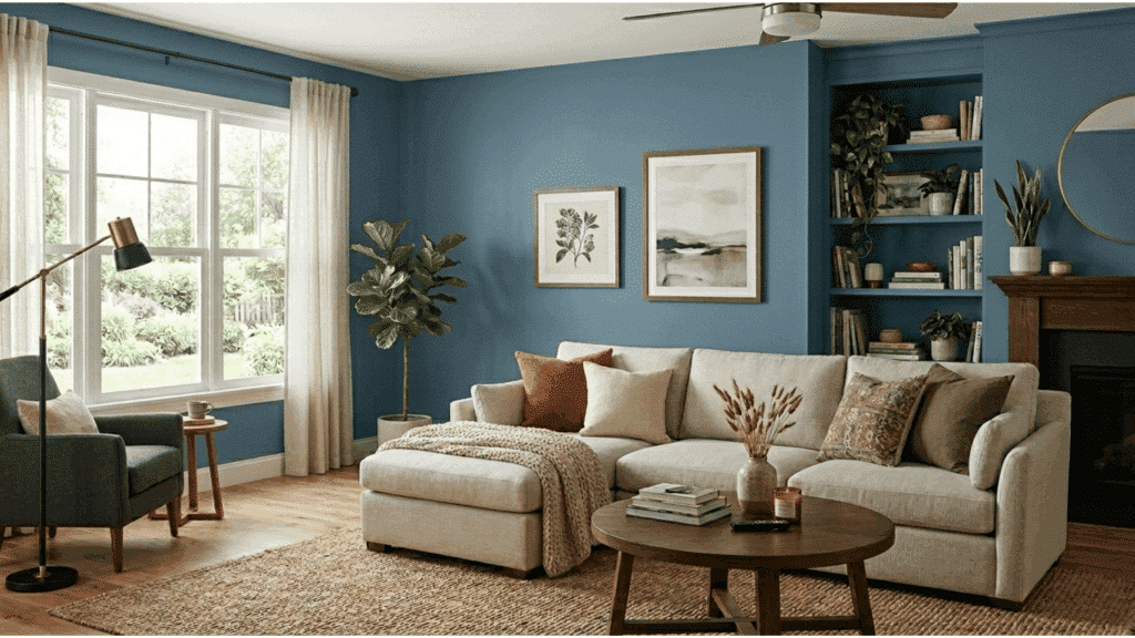 living room with blue walls, sectional sofa, wood coffee table, and built-in shelves.