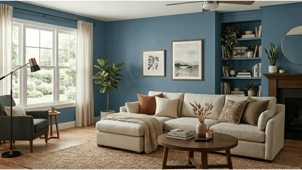 living room with blue walls, sectional sofa, wood coffee table, and built-in shelves.