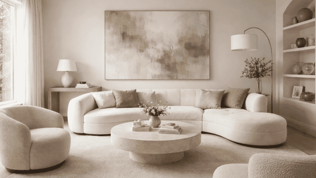 living room with curved sofa and round coffee table in neutral tones