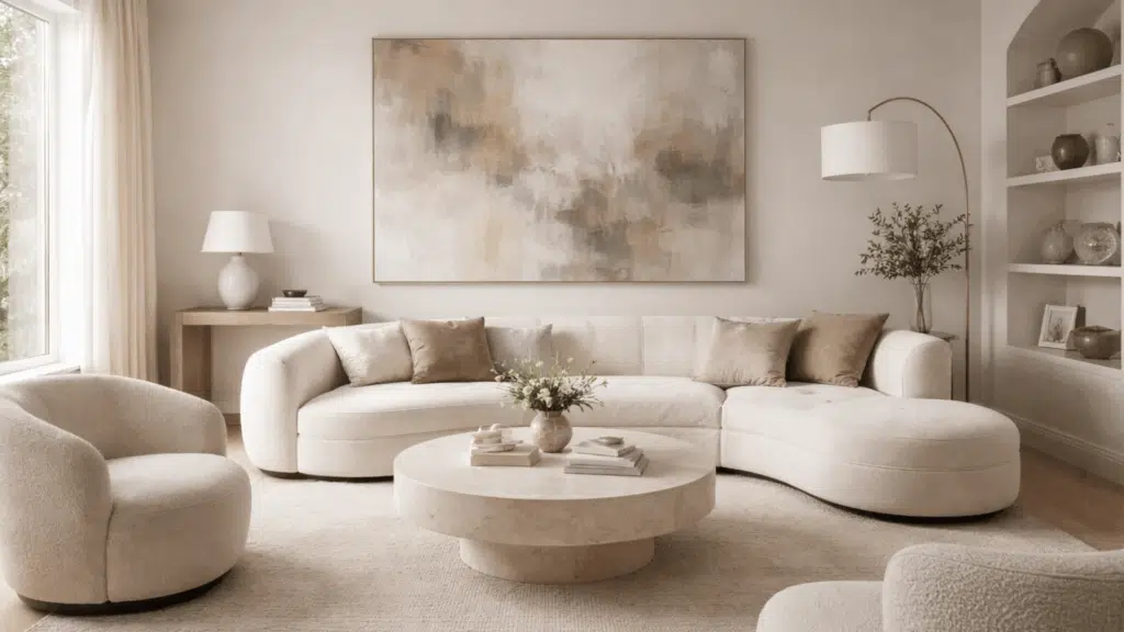living room with curved sofa and round coffee table in neutral tones