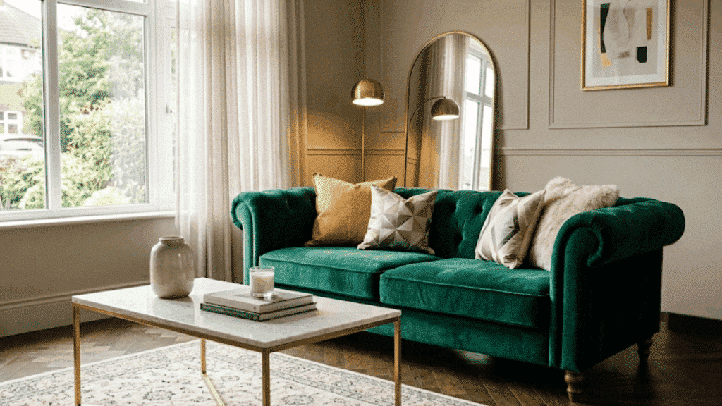 living room with deep emerald velvet sofa, gold coffee table, and soft lighting