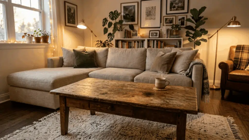 living room with distressed wooden coffee table soft rug candles and warm cozy decor creating a relaxed and lived in feel (1)