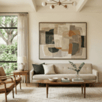 living room with geometric patterned rug and large painting on the neutral wall