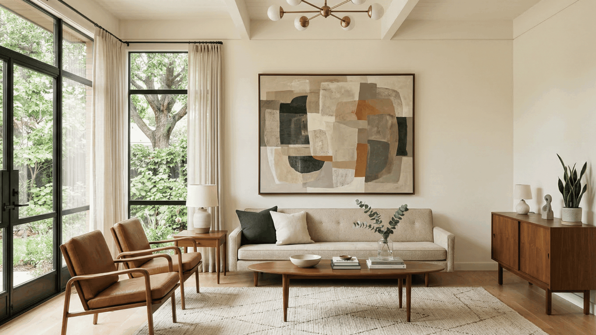 living room with geometric patterned rug and large painting on the neutral wall