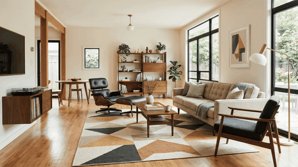 living room with geometric patterned rug, mid century modern furniture, neutral palette with subtle patterns, clean and open space