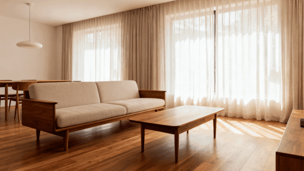 living room with light linen curtains, soft natural light, mid century furniture, clean and airy atmosphere