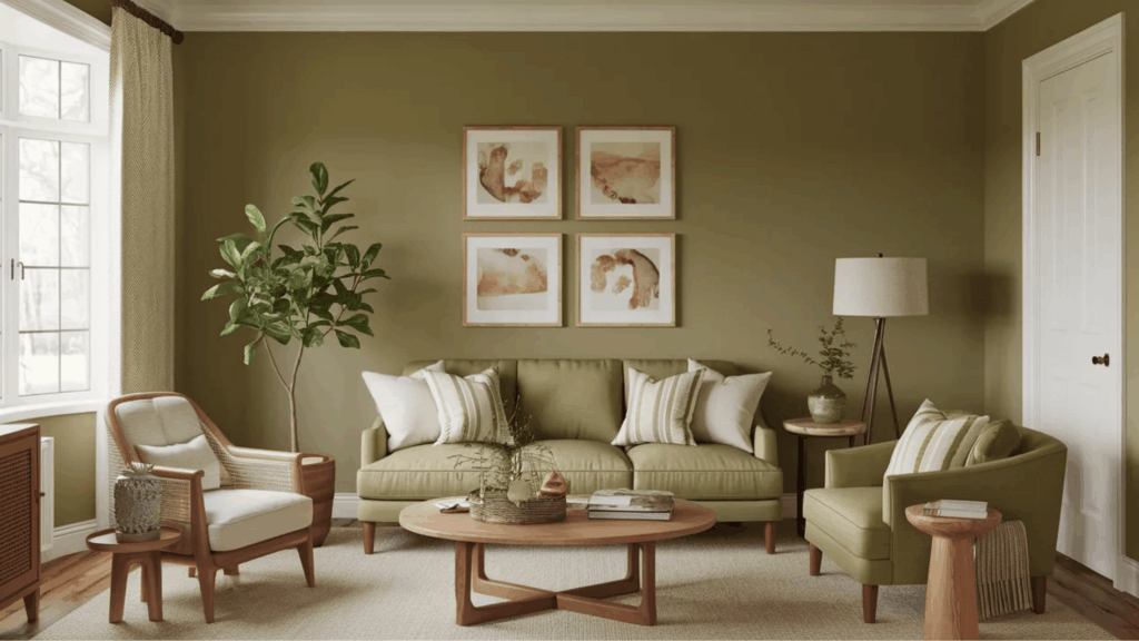 living room with natural light, window, warm neutral tones, indoor plants, and cozy seating arrangement